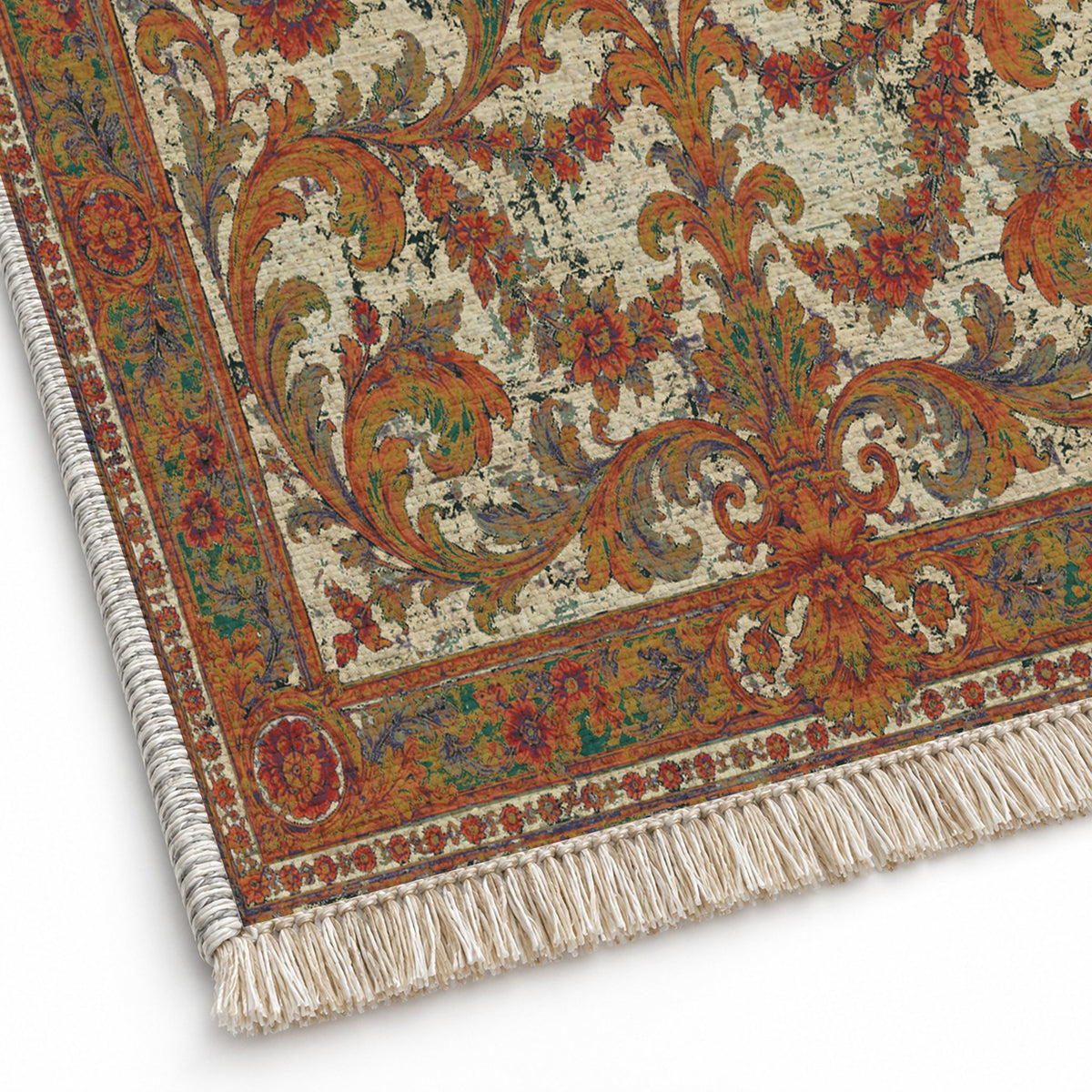 Acanthus Treasury Emerald & Terracotta washable rug close-up of the printed chenille