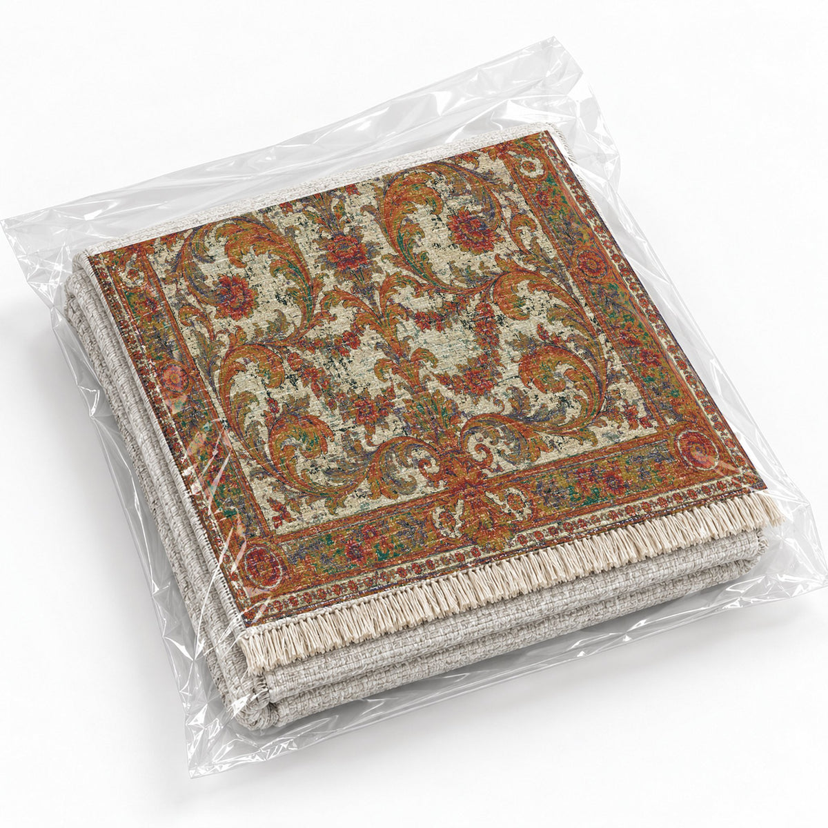 Acanthus Treasury Emerald & Terracotta washable rug rolled and packaged