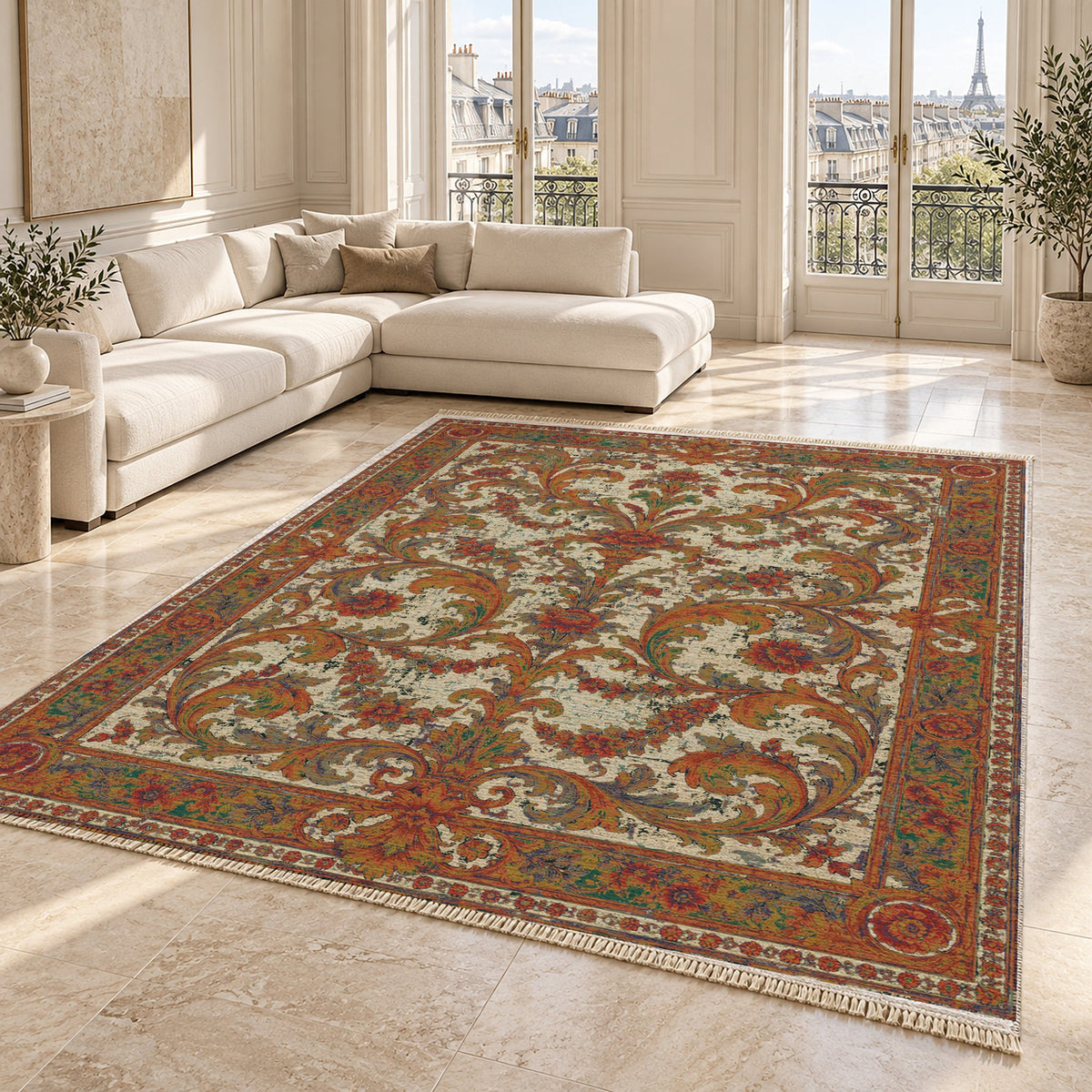 Acanthus Treasury Emerald & Terracotta washable rug angled room view on marble