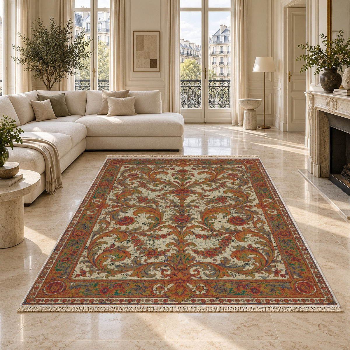 Acanthus Treasury Emerald & Terracotta washable rug on a marble floor