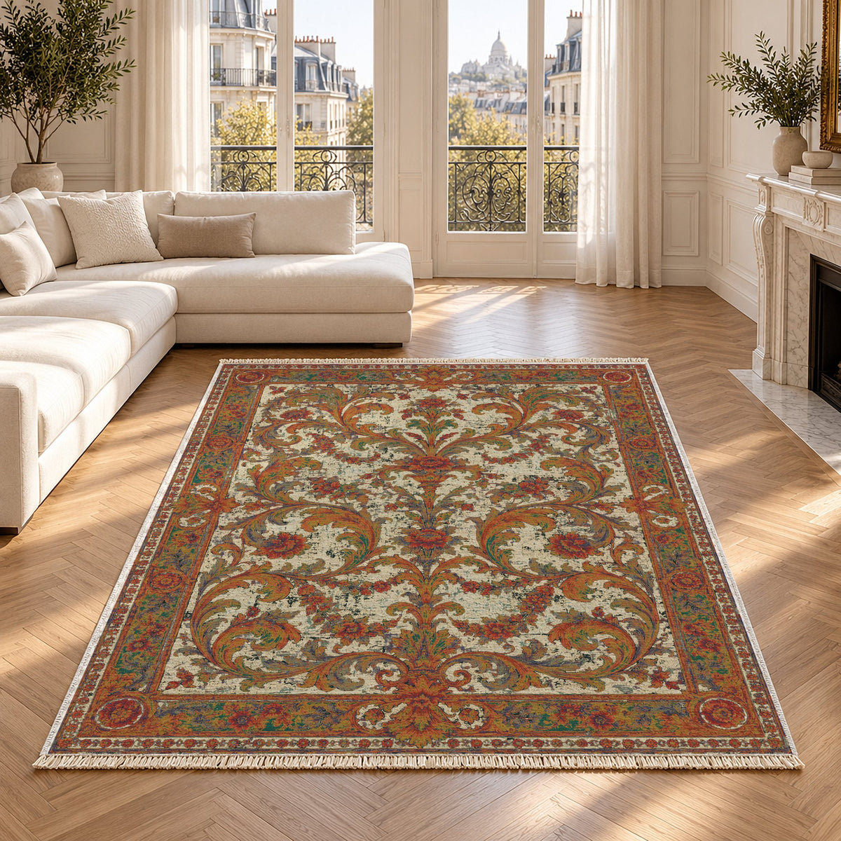 Acanthus Treasury Emerald & Terracotta washable rug in a Paris living room