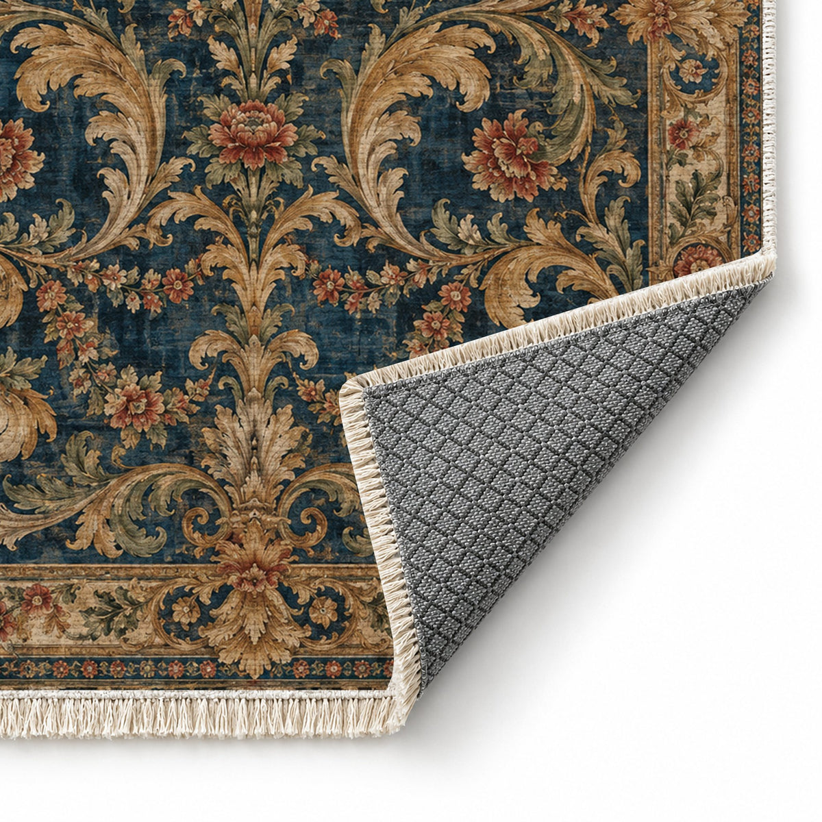 Acanthus Treasury Indigo & Rust washable rug folded corner showing the backing