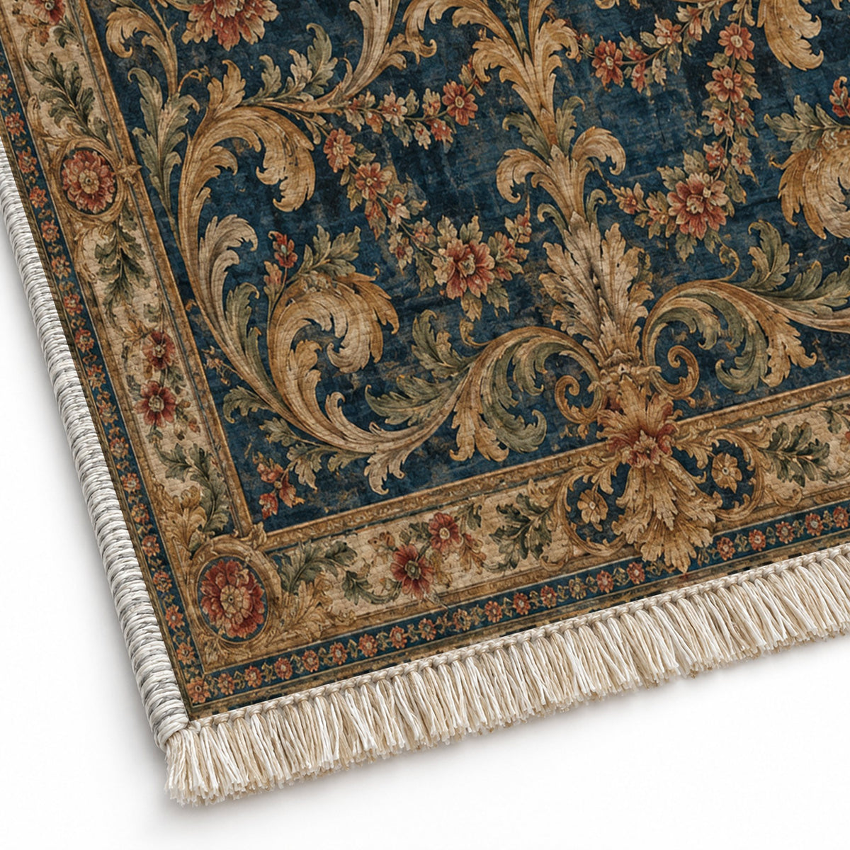 Acanthus Treasury Indigo & Rust washable rug close-up of the printed chenille