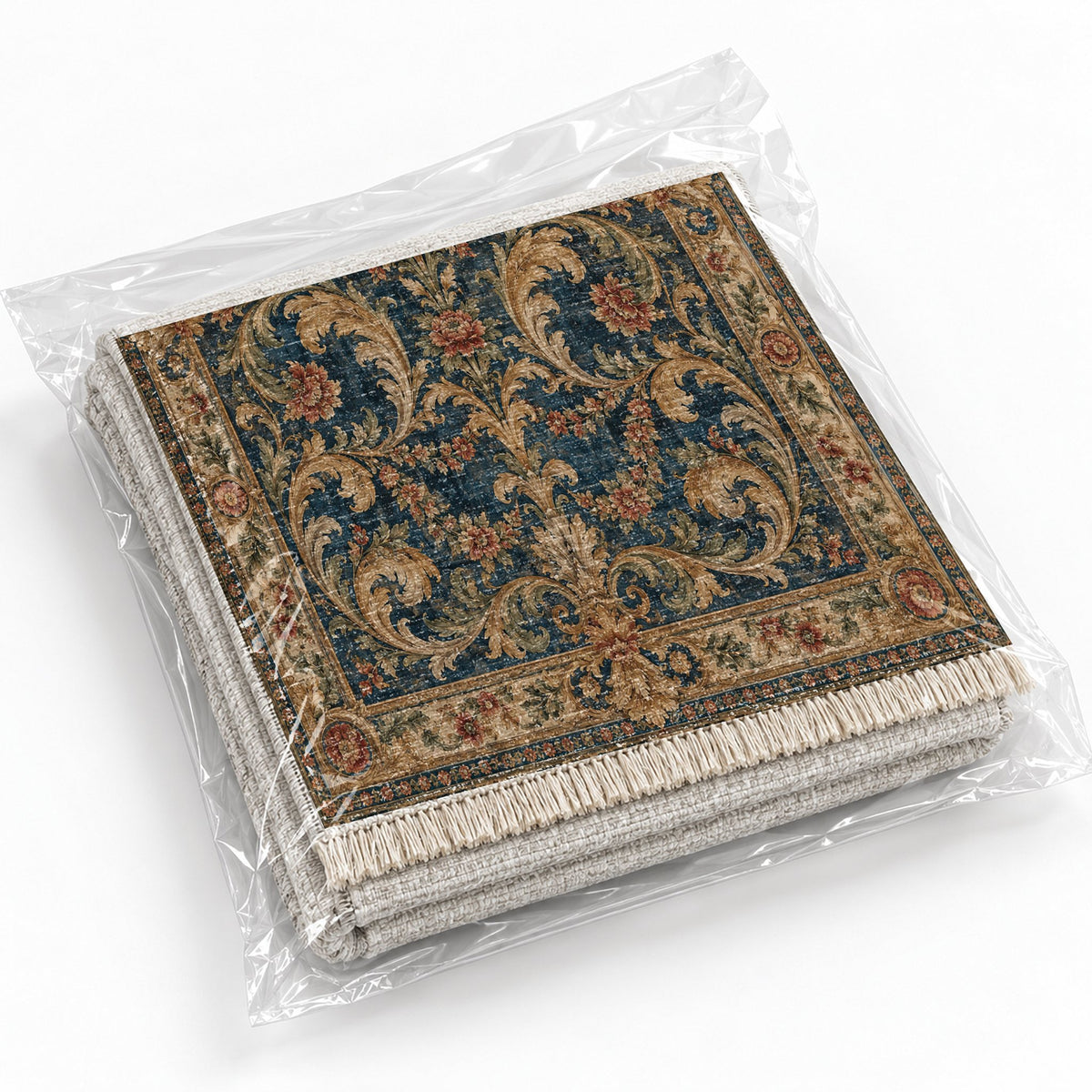 Acanthus Treasury Indigo & Rust washable rug rolled and packaged