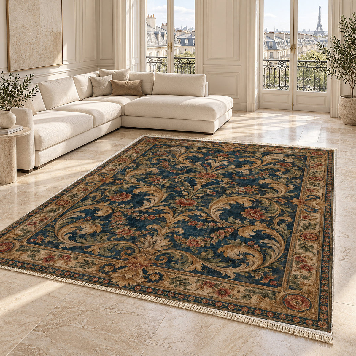 Acanthus Treasury Indigo & Rust washable rug angled room view on marble