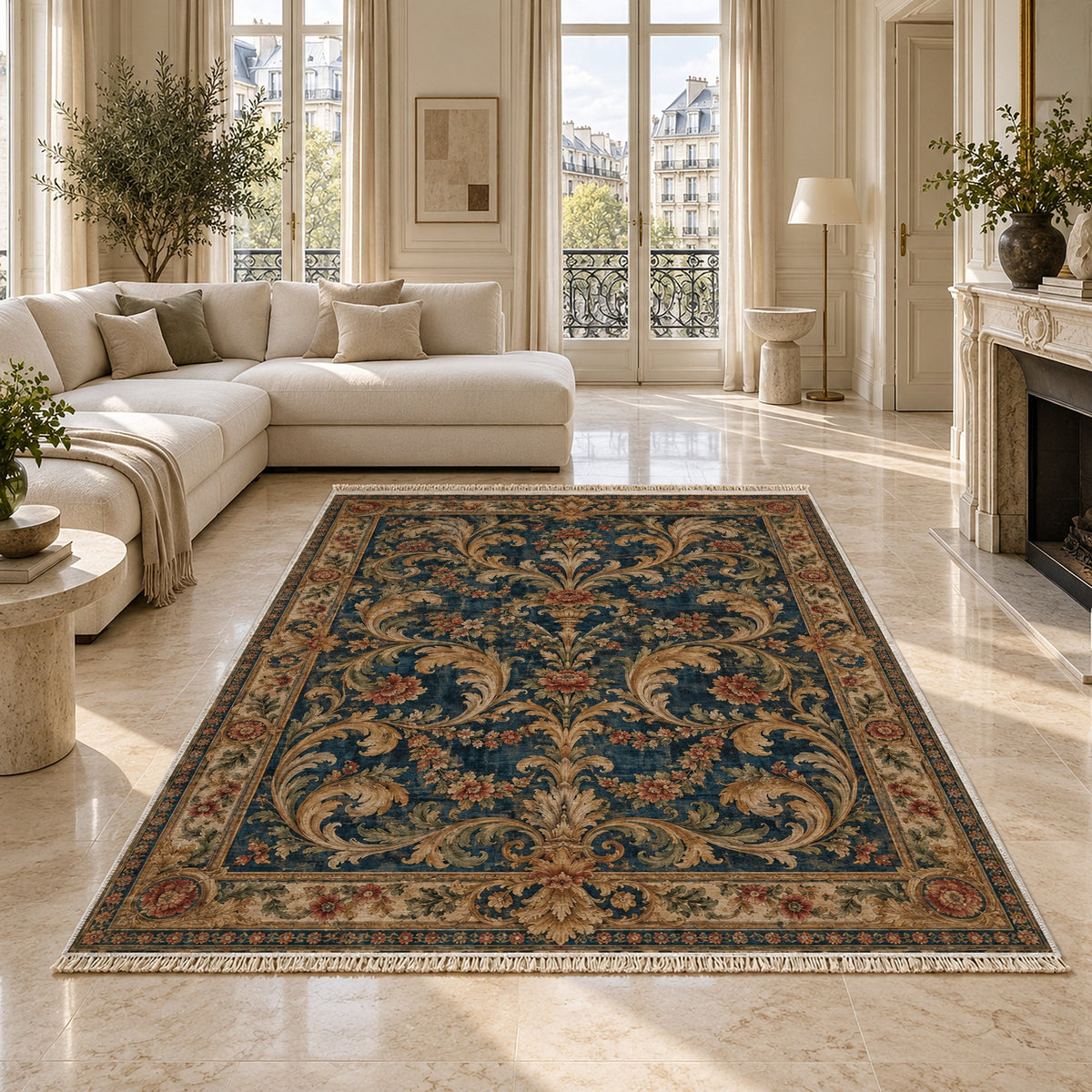 Acanthus Treasury Indigo & Rust washable rug on a marble floor
