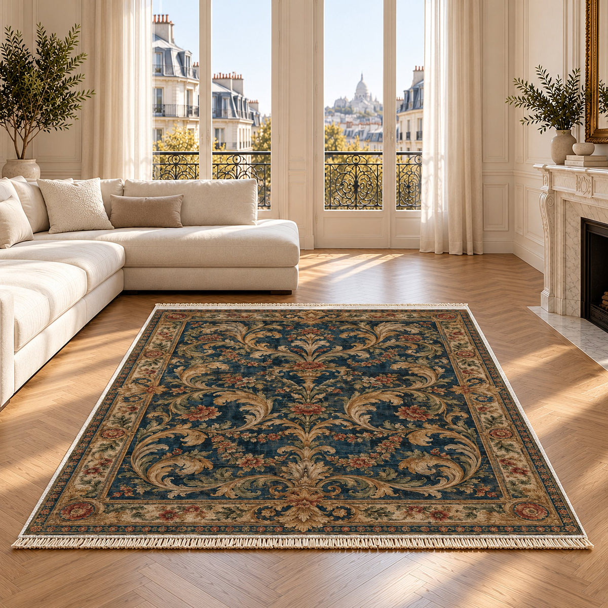 Acanthus Treasury Indigo & Rust washable rug on an oak floor