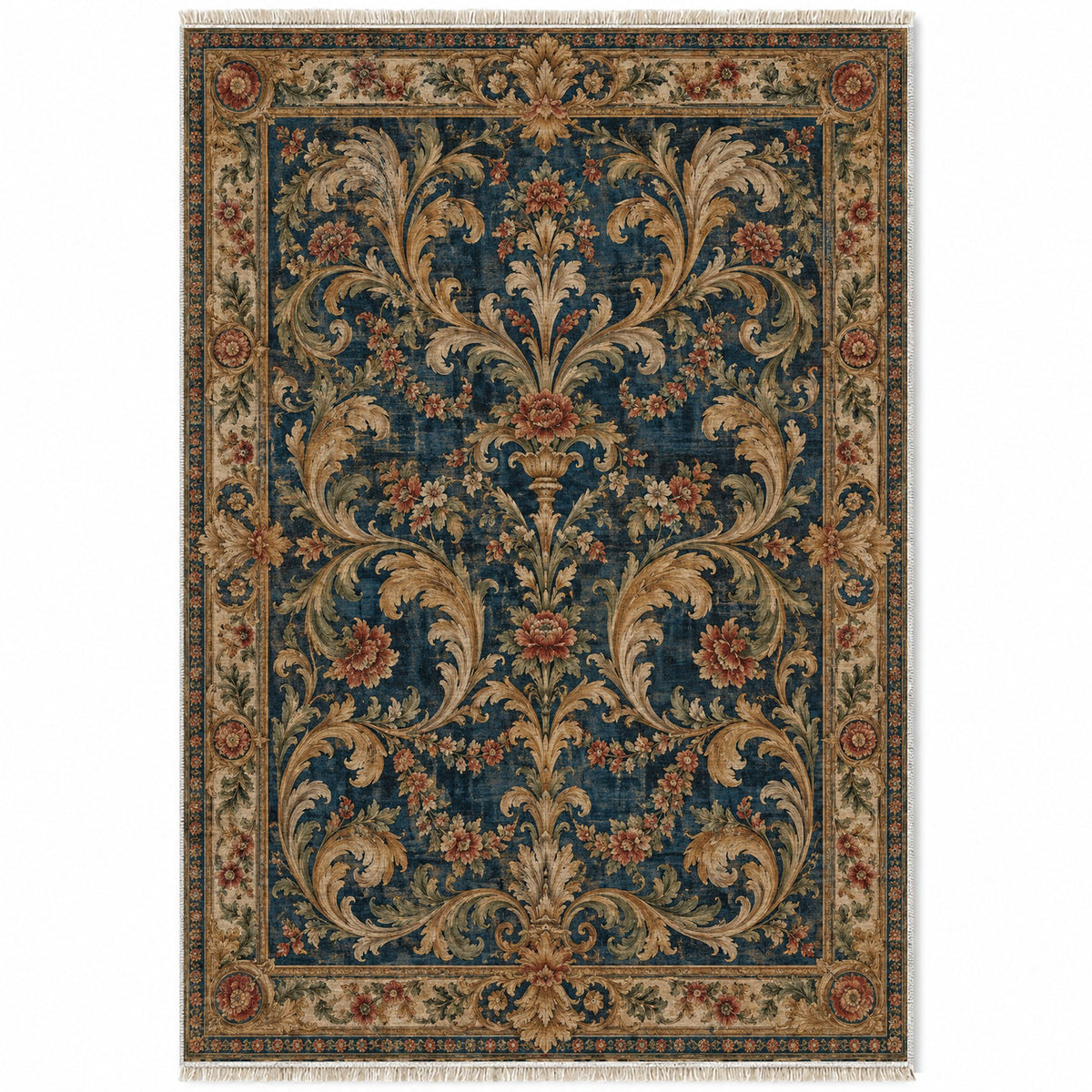 Acanthus Treasury Indigo & Rust washable rug top view