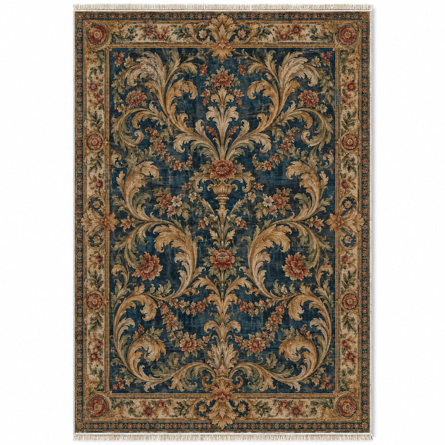 Acanthus Treasury Indigo & Rust French Aubusson Washable Rug