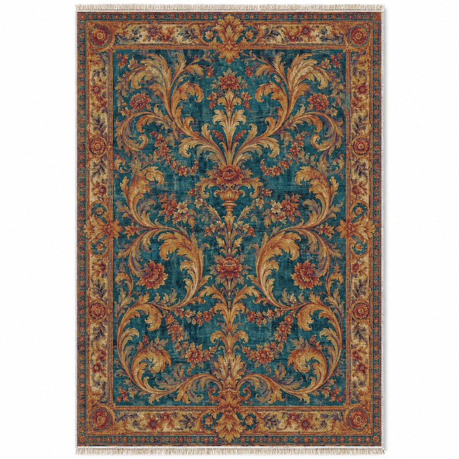 Acanthus Treasury Peacock & Ochre French Aubusson Washable Rug
