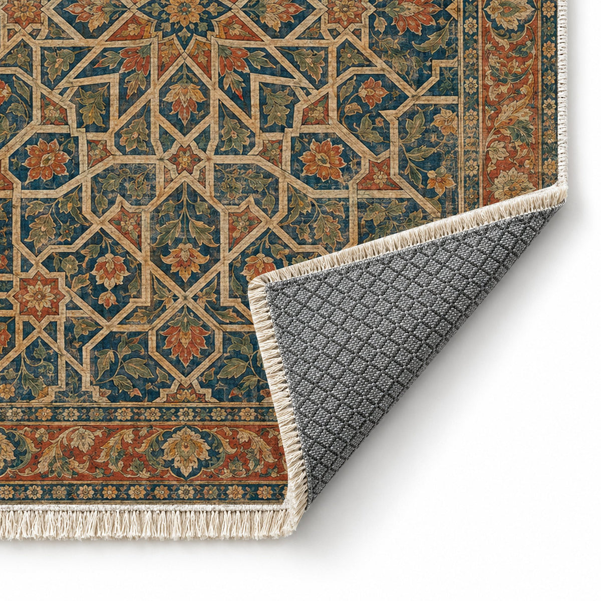 Ambassador Dome Indigo & Rust washable rug folded corner showing the backing