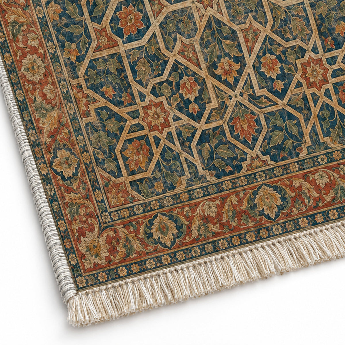 Ambassador Dome Indigo & Rust washable rug close-up of the printed chenille