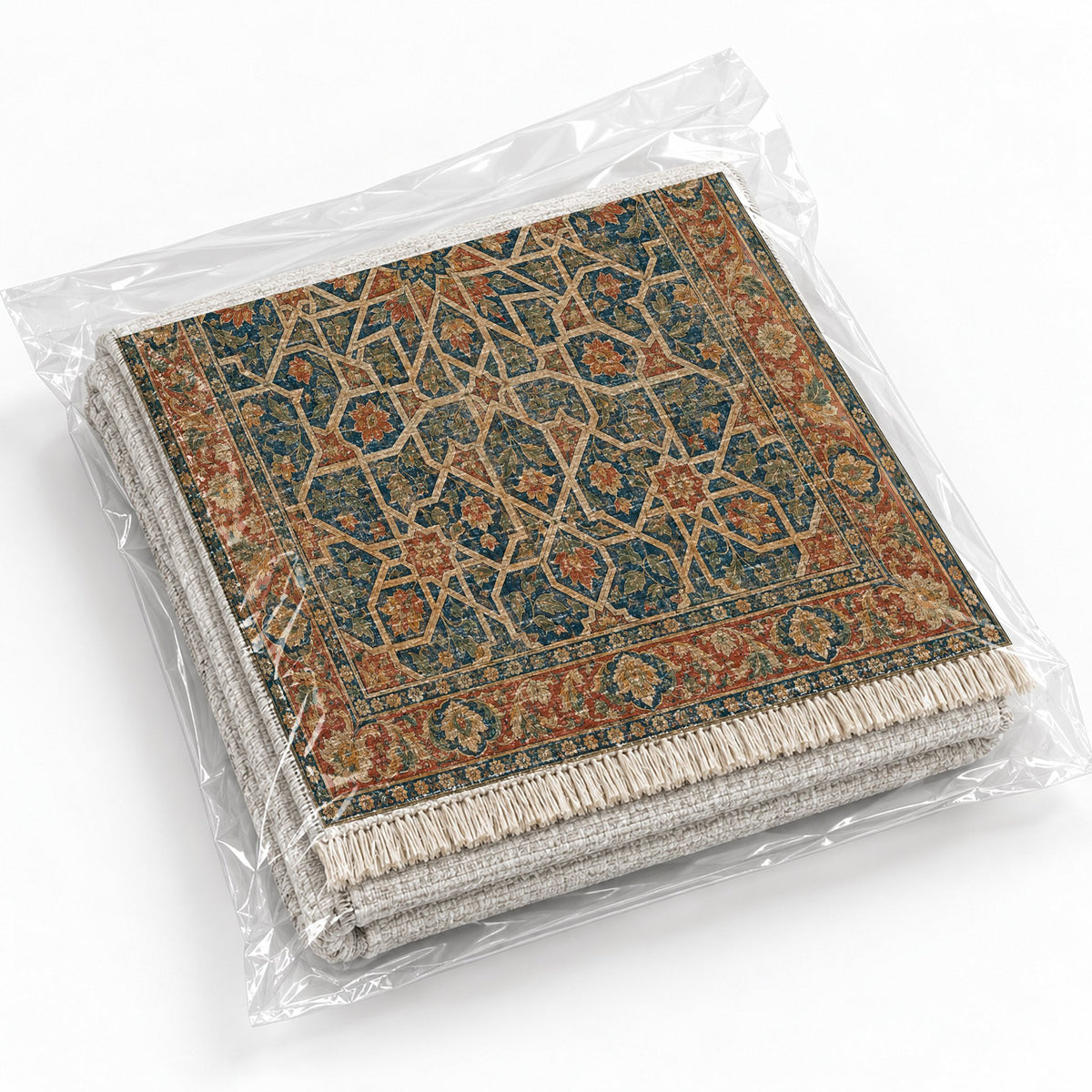 Ambassador Dome Indigo & Rust washable rug rolled and packaged