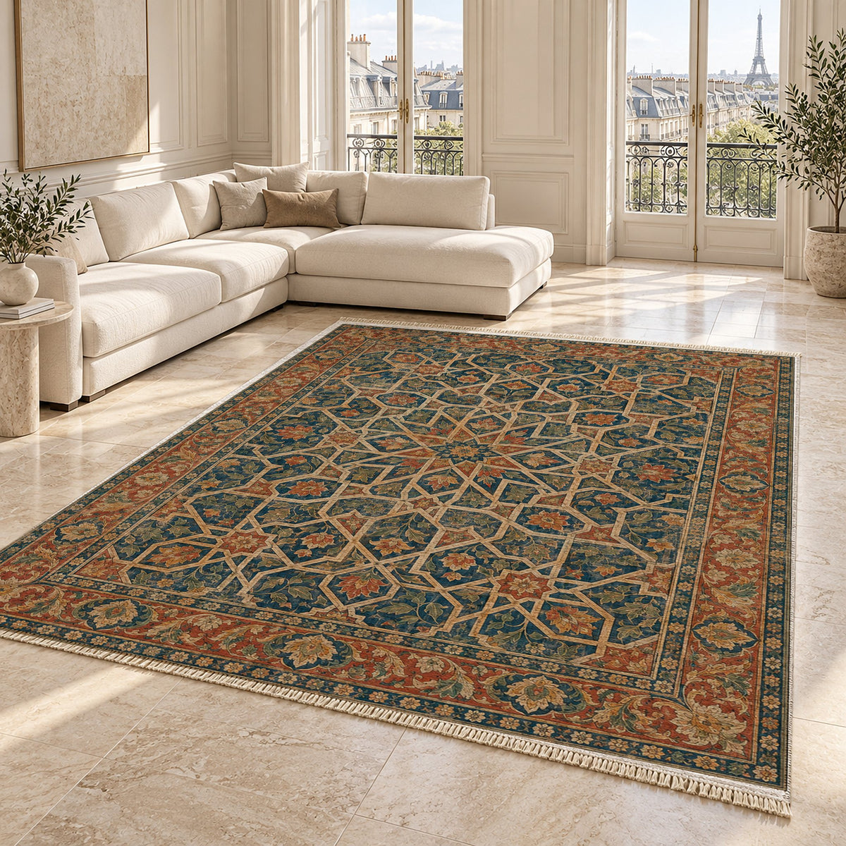 Ambassador Dome Indigo & Rust washable rug angled room view on marble