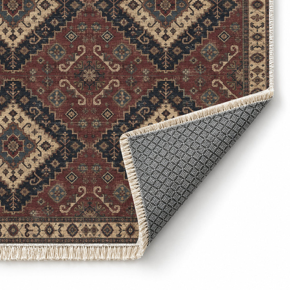 Anatolian Heirloom Quiet Neutral washable rug folded corner showing the backing