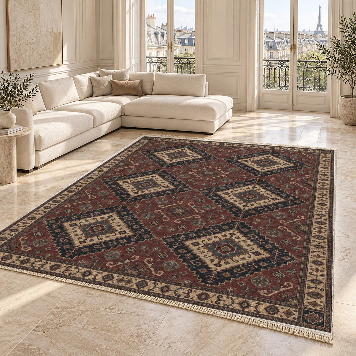Anatolian Heirloom Quiet Neutral washable rug angled room view on marble