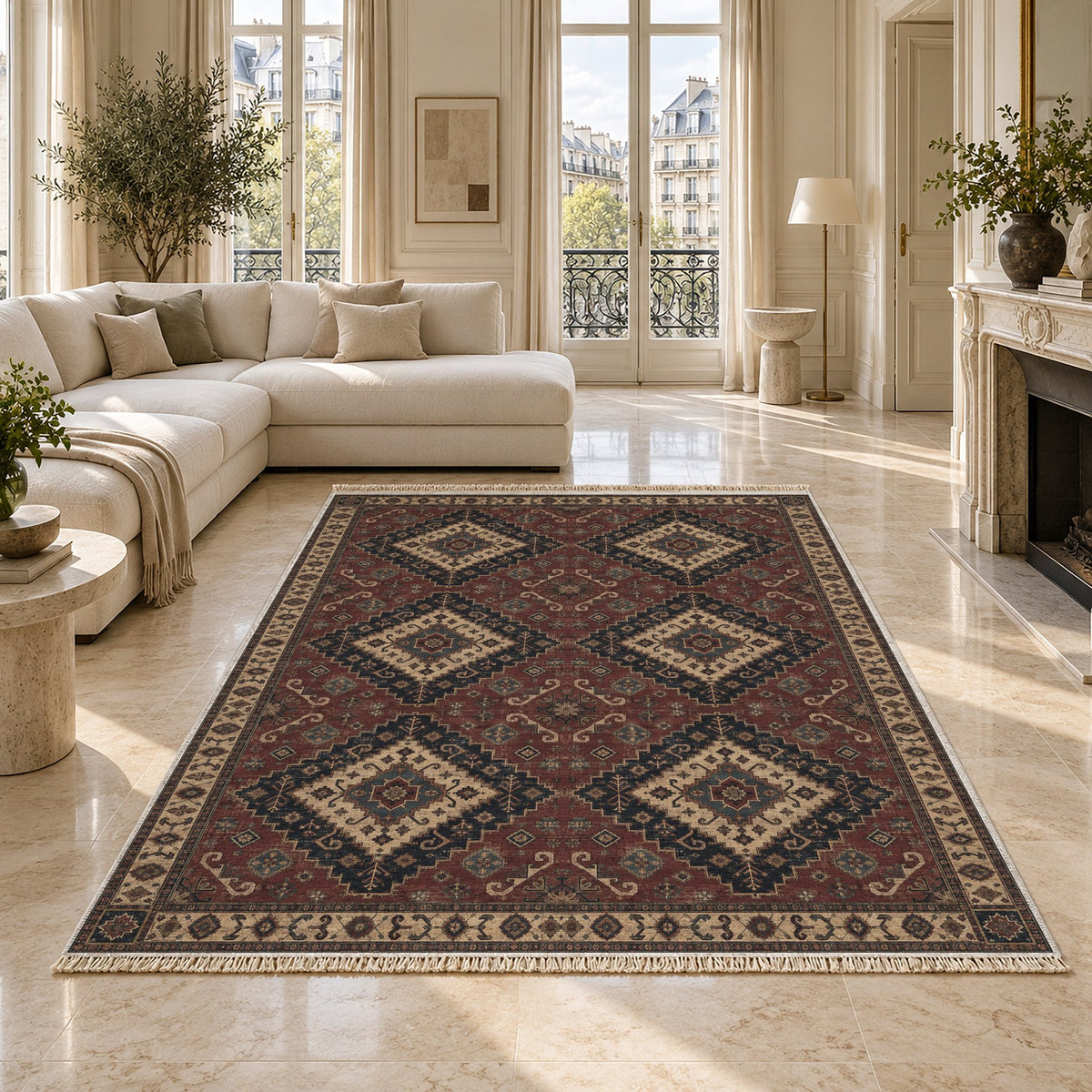Anatolian Heirloom Quiet Neutral washable rug on a marble floor