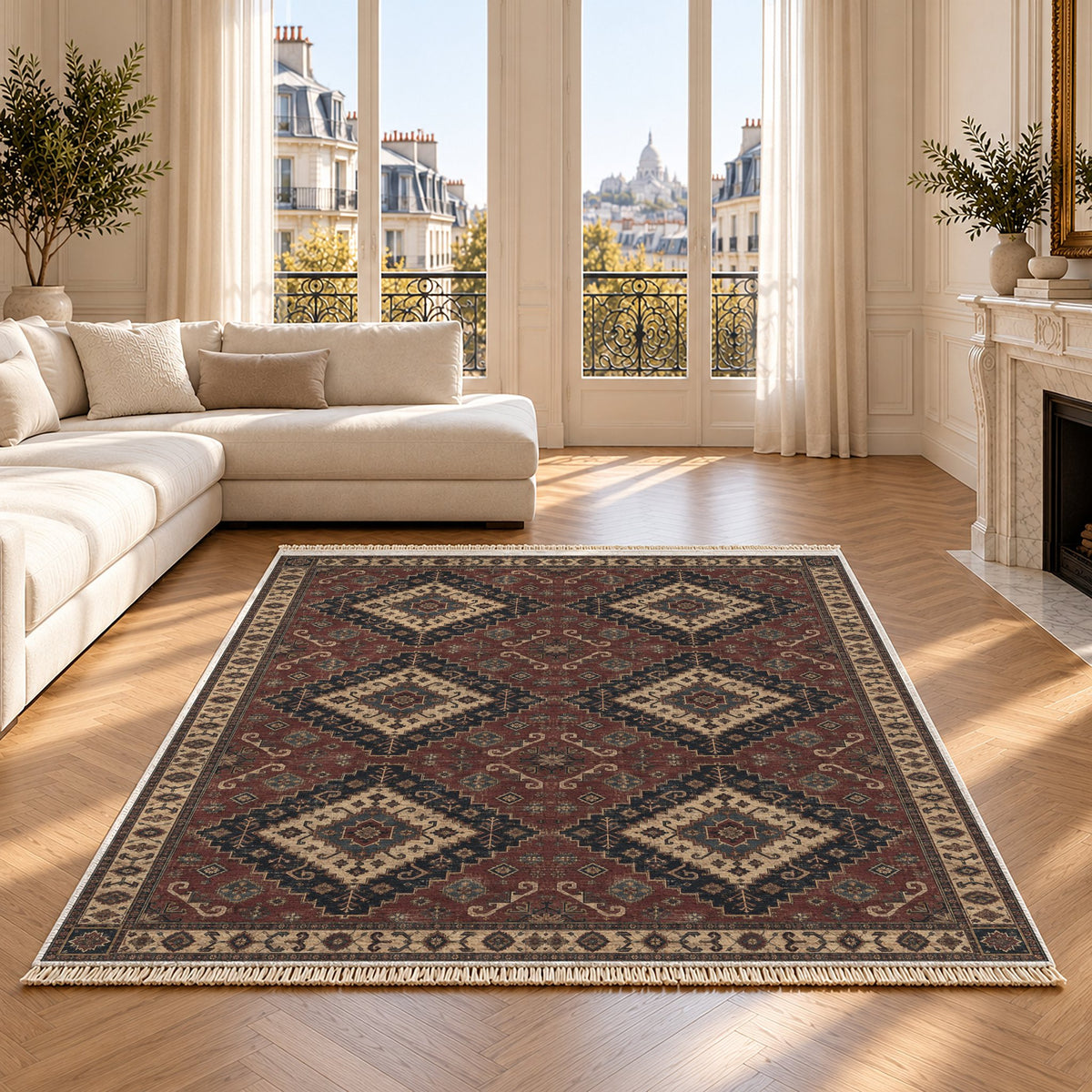 Anatolian Heirloom Quiet Neutral washable rug on an oak floor