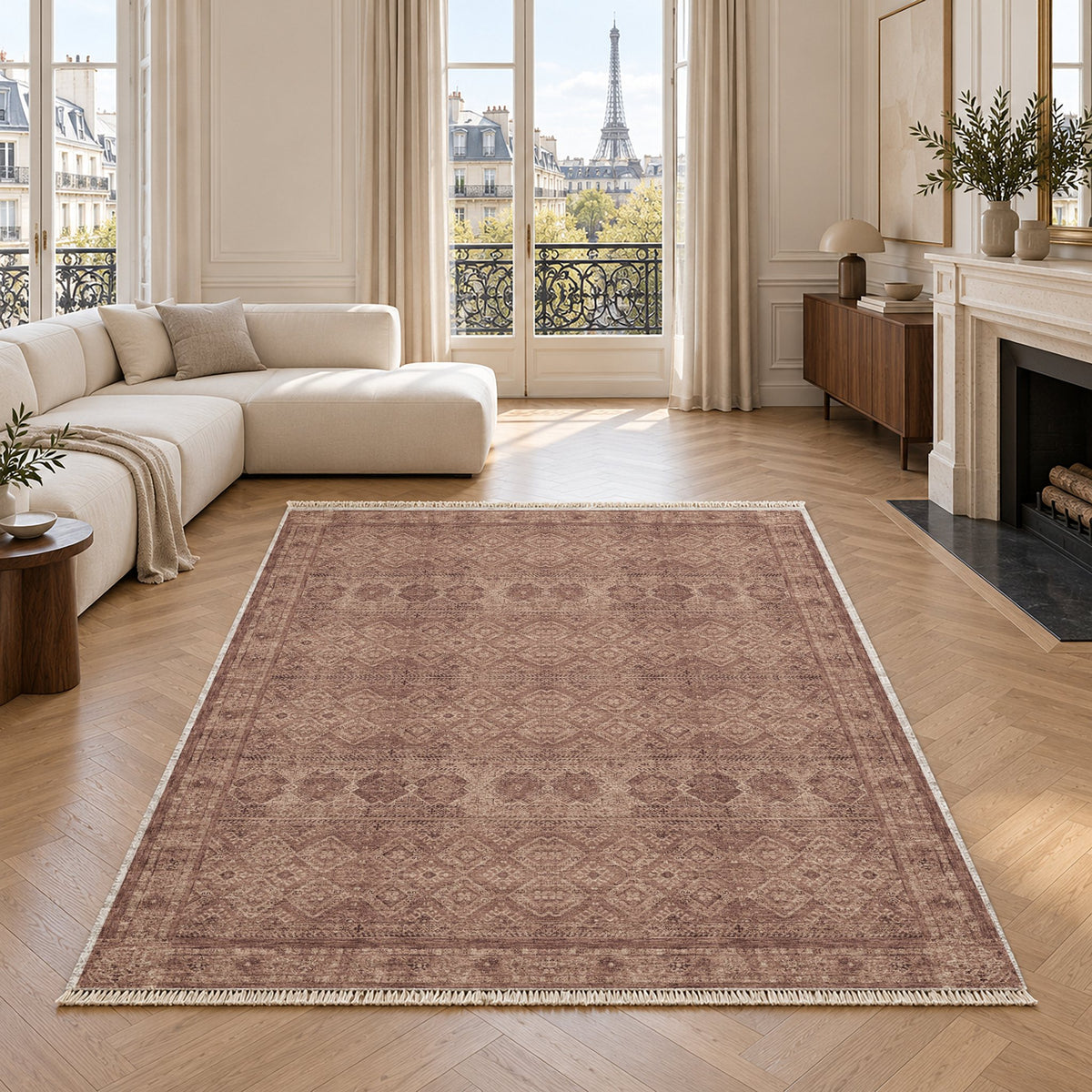 Anatolian Tonal Clay & Rose washable rug in a living room with an Eiffel Tower view