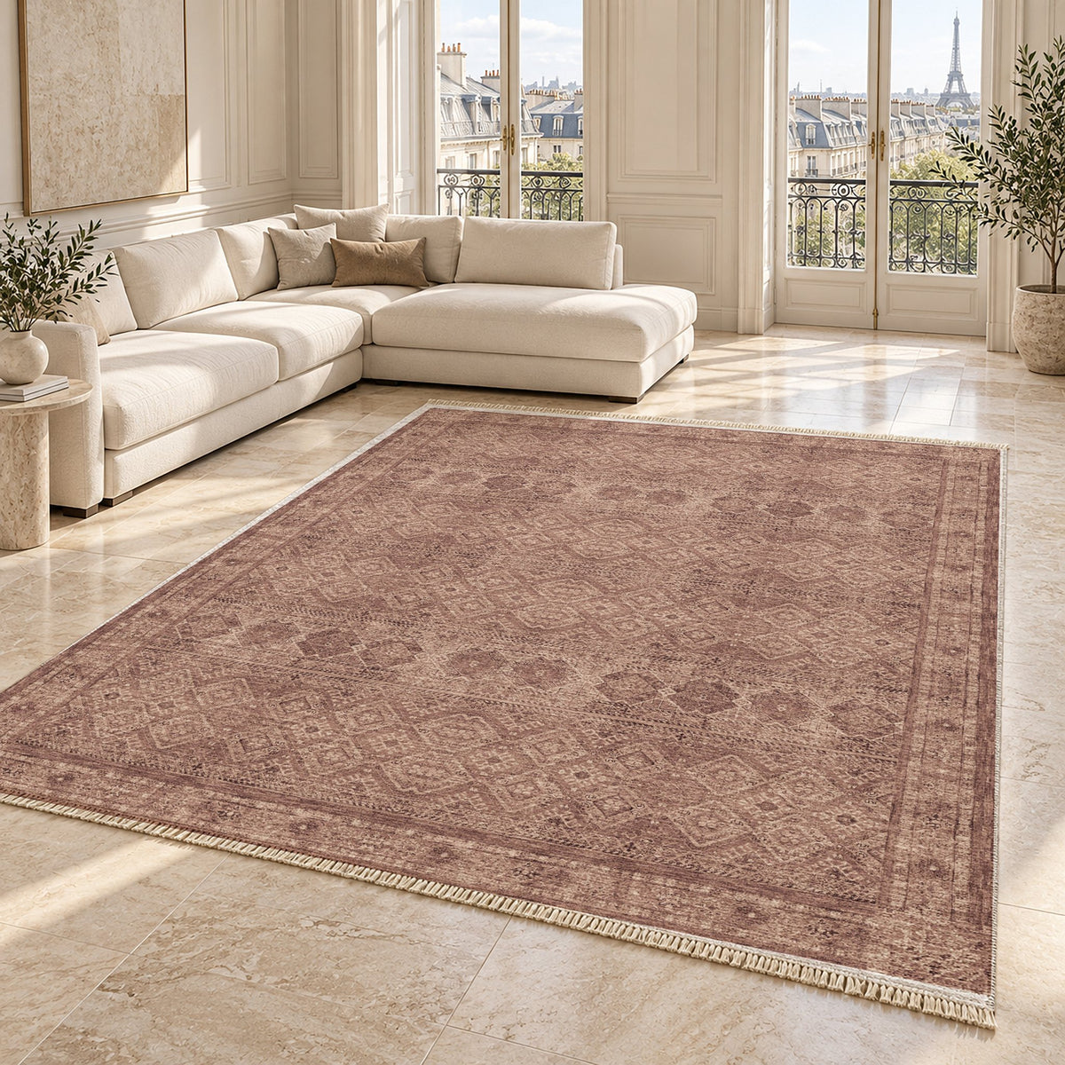 Anatolian Tonal Clay & Rose washable rug angled room view on marble