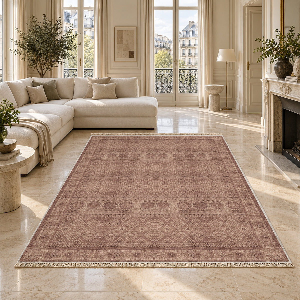 Anatolian Tonal Clay & Rose washable rug on a marble floor