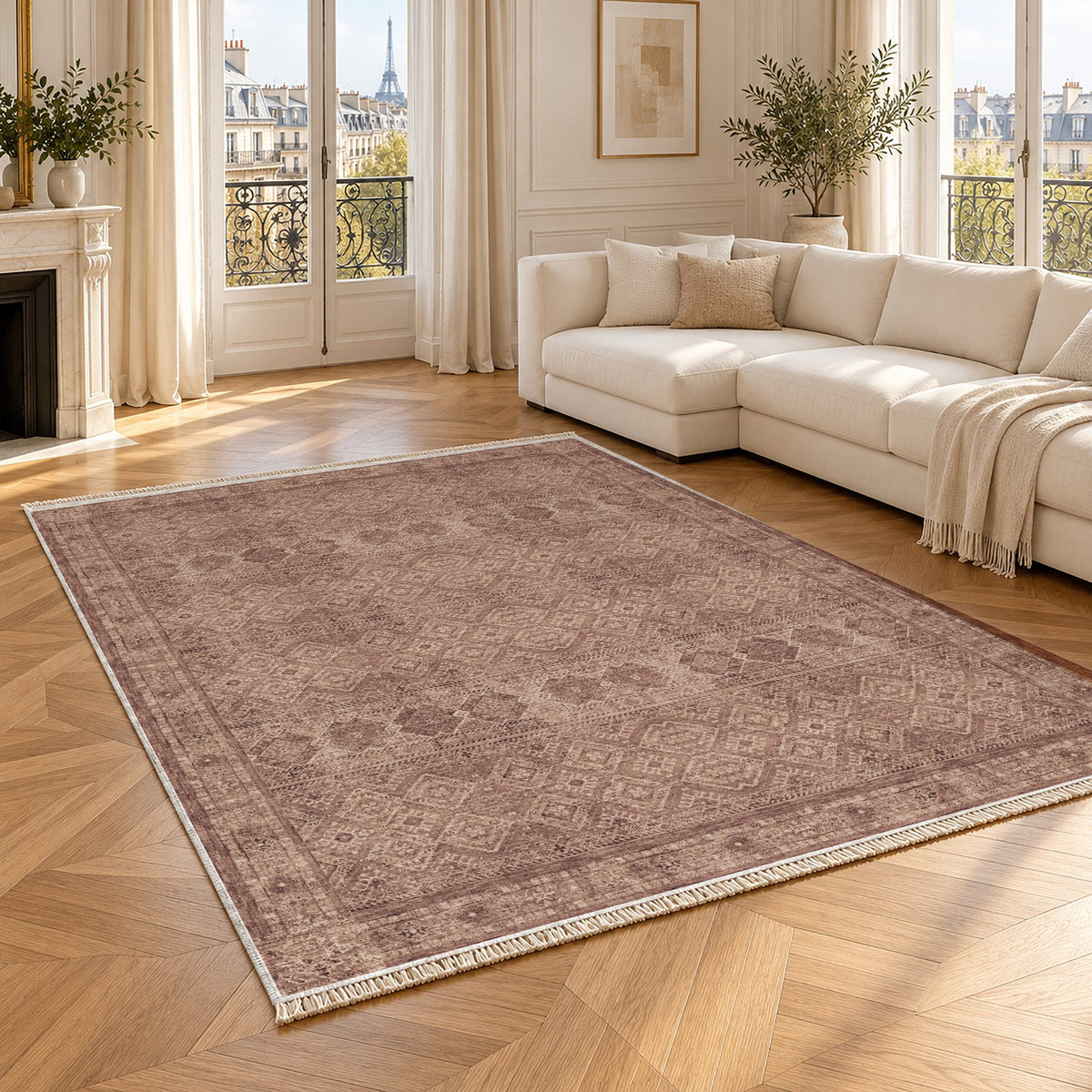 Anatolian Tonal Clay & Rose washable rug angled room view