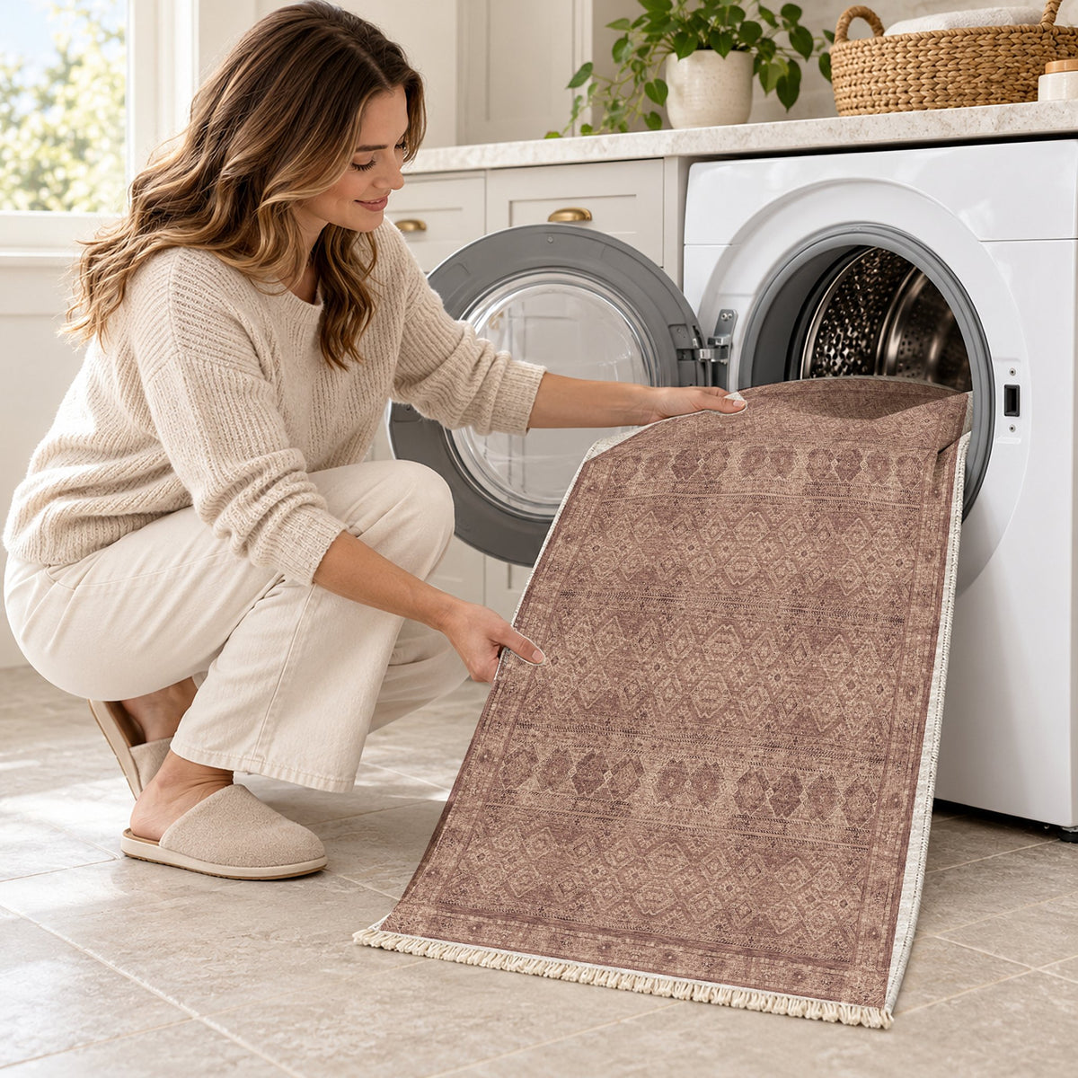 Anatolian Tonal Clay & Rose washable rug being loaded into a washing machine