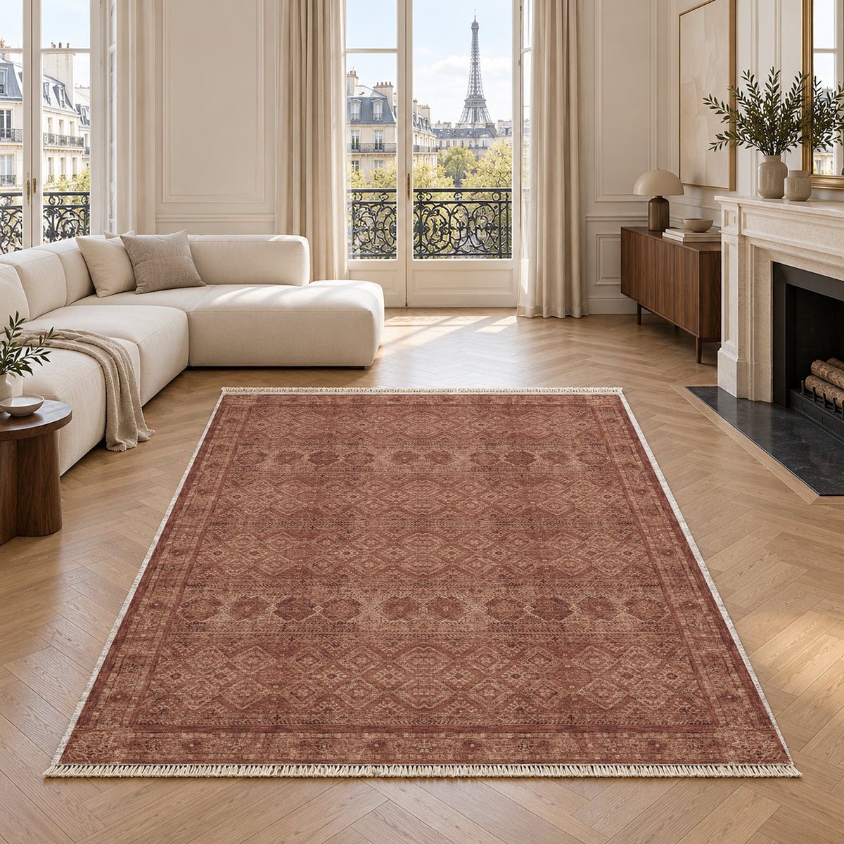 Anatolian Tonal Faded & Madder washable rug in a living room with an Eiffel Tower view
