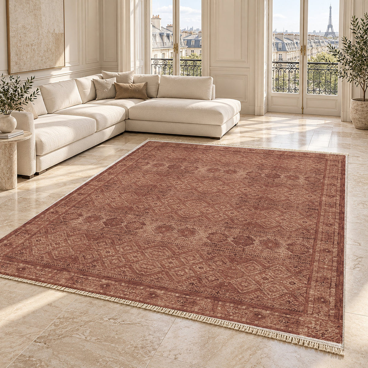 Anatolian Tonal Faded & Madder washable rug angled room view on marble