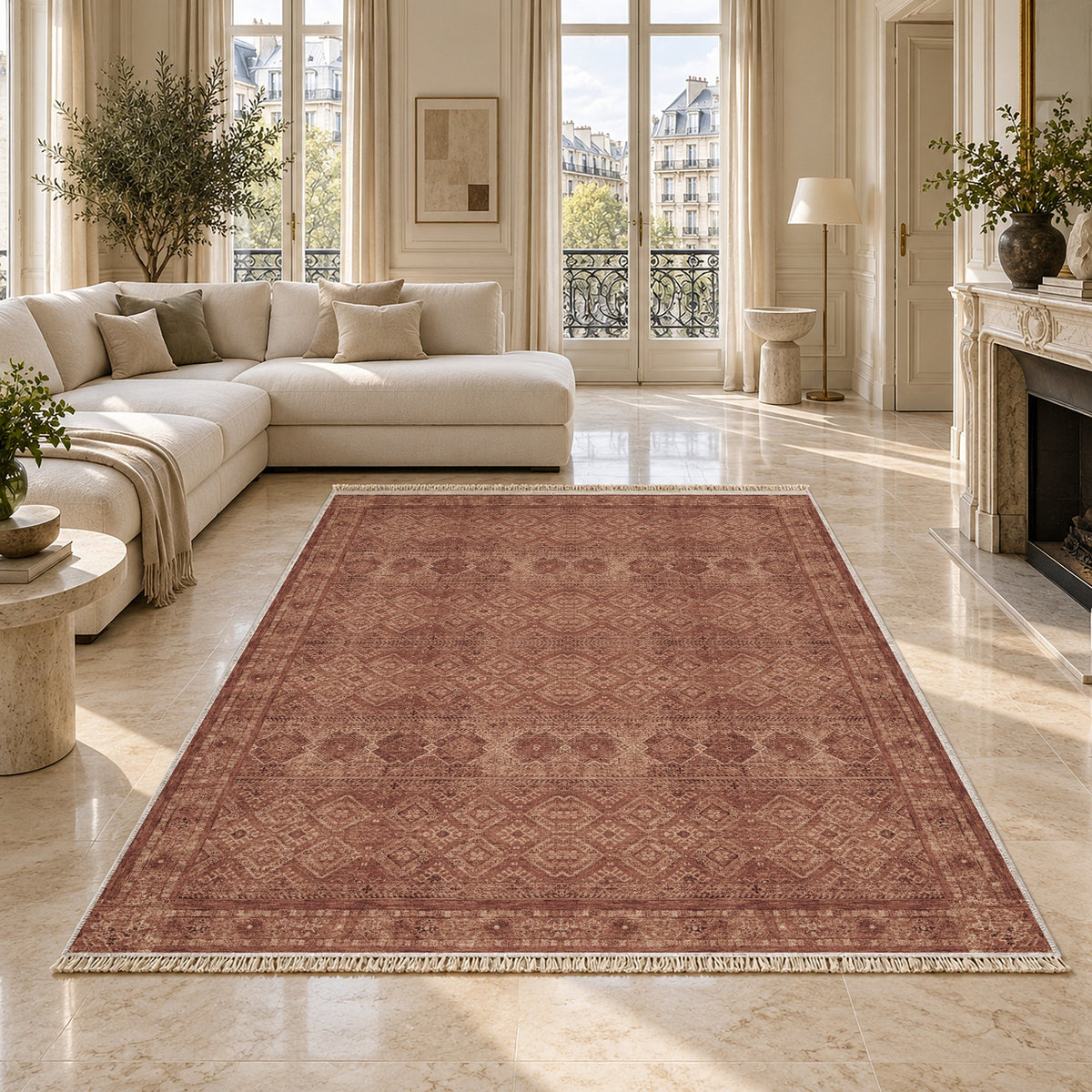 Anatolian Tonal Faded & Madder washable rug on a marble floor