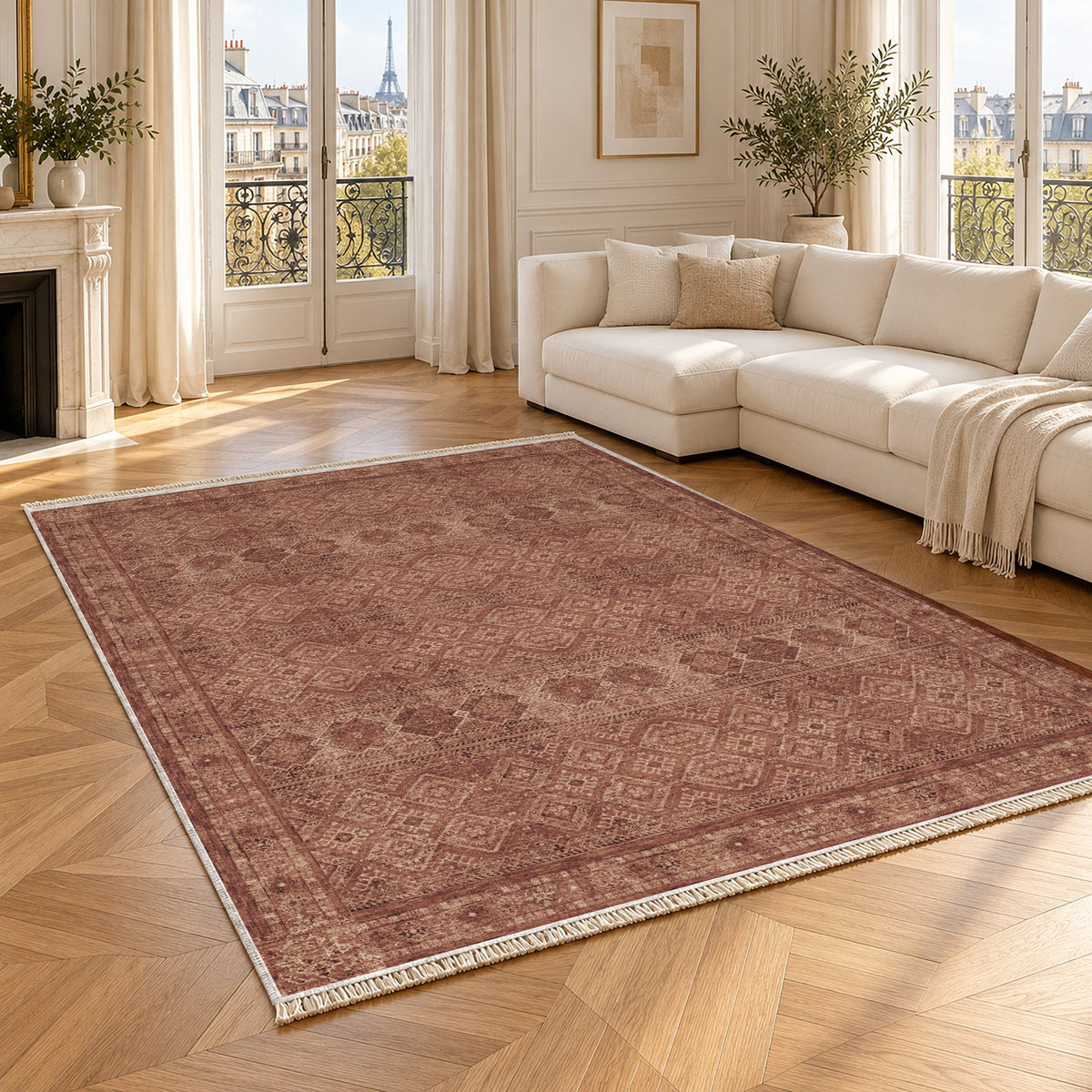 Anatolian Tonal Faded & Madder washable rug angled room view