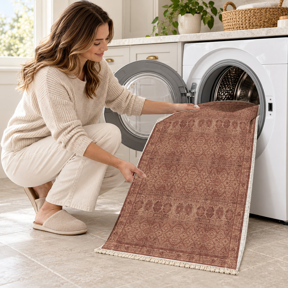 Anatolian Tonal Faded & Madder washable rug being loaded into a washing machine