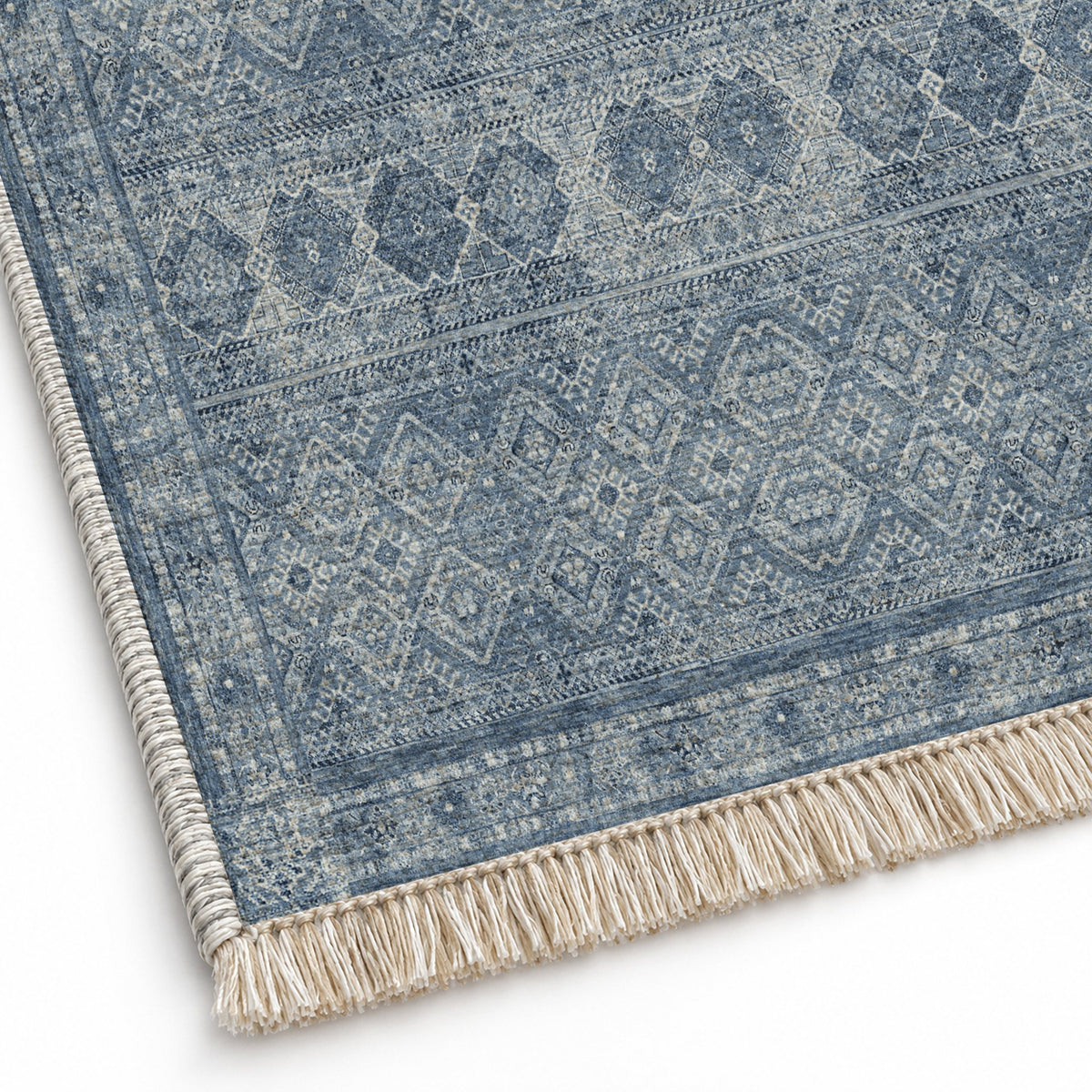 Anatolian Tonal Indigo & Ash washable rug close-up of the printed chenille