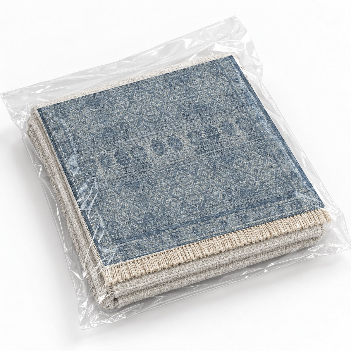 Anatolian Tonal Indigo & Ash washable rug rolled and packaged