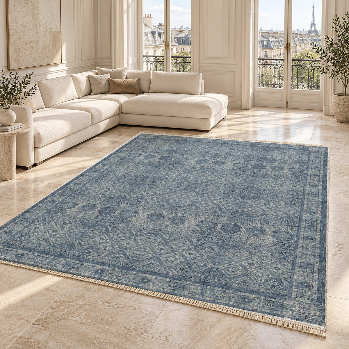 Anatolian Tonal Indigo & Ash washable rug angled room view on marble