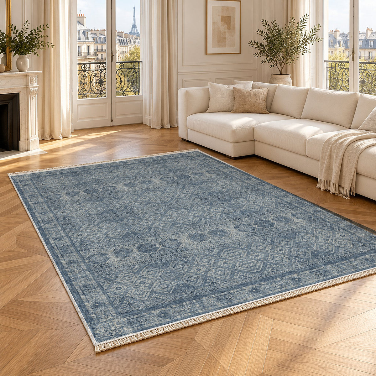 Anatolian Tonal Indigo & Ash washable rug angled room view