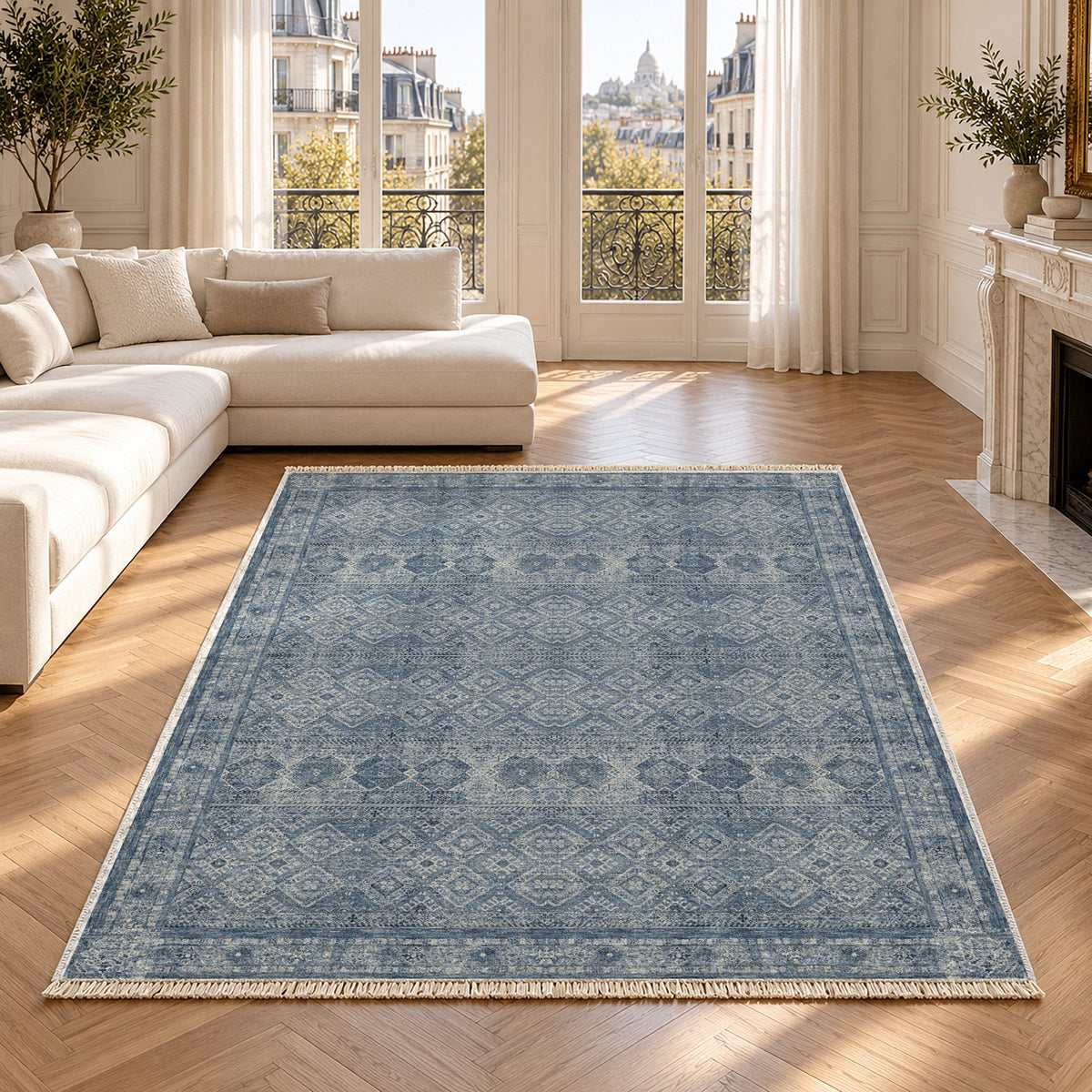 Anatolian Tonal Indigo & Ash washable rug in a Paris living room
