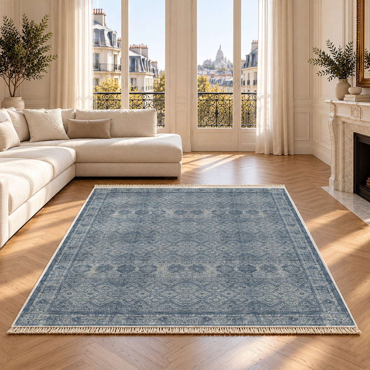 Anatolian Tonal Indigo & Ash washable rug on an oak floor