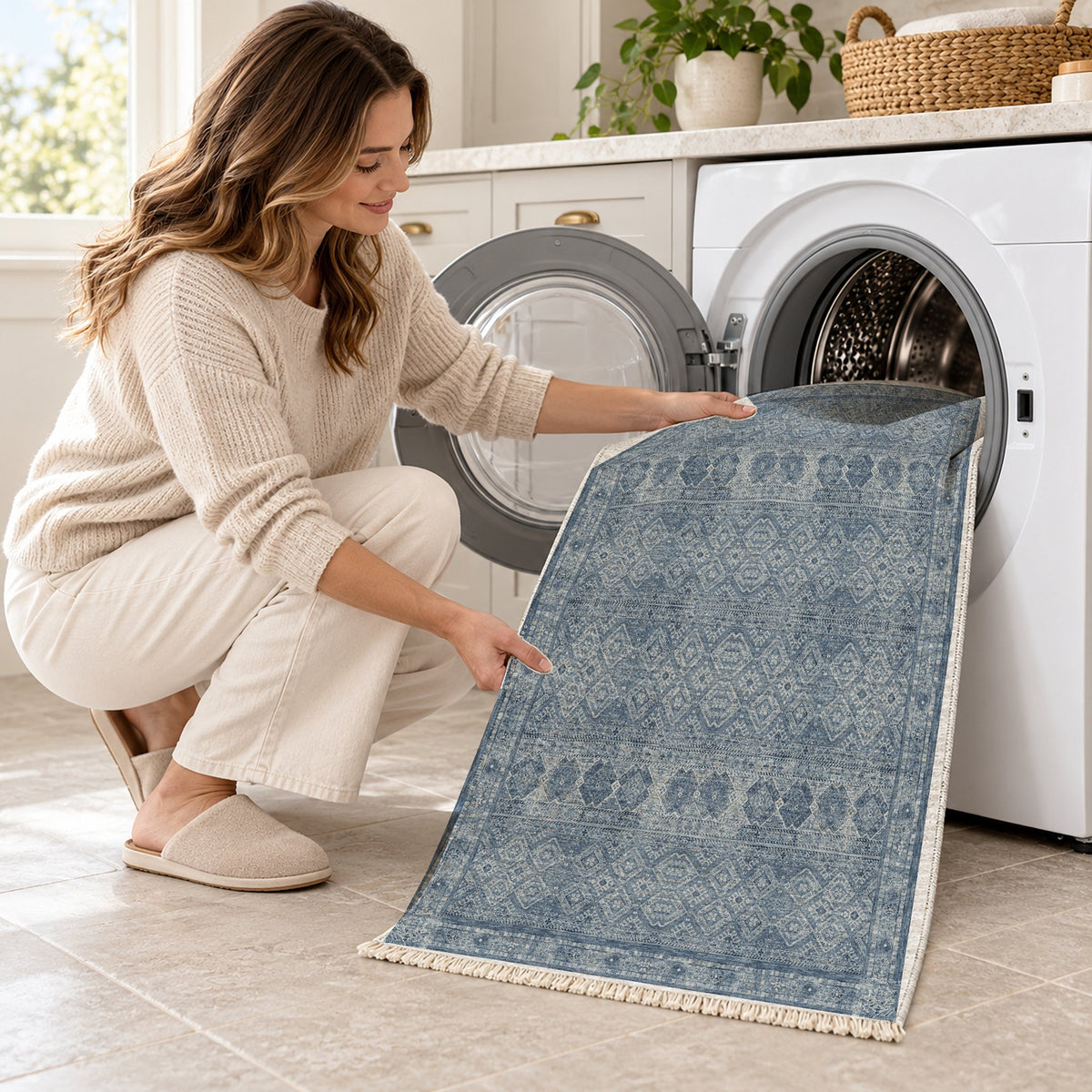 Anatolian Tonal Indigo & Ash washable rug being loaded into a washing machine