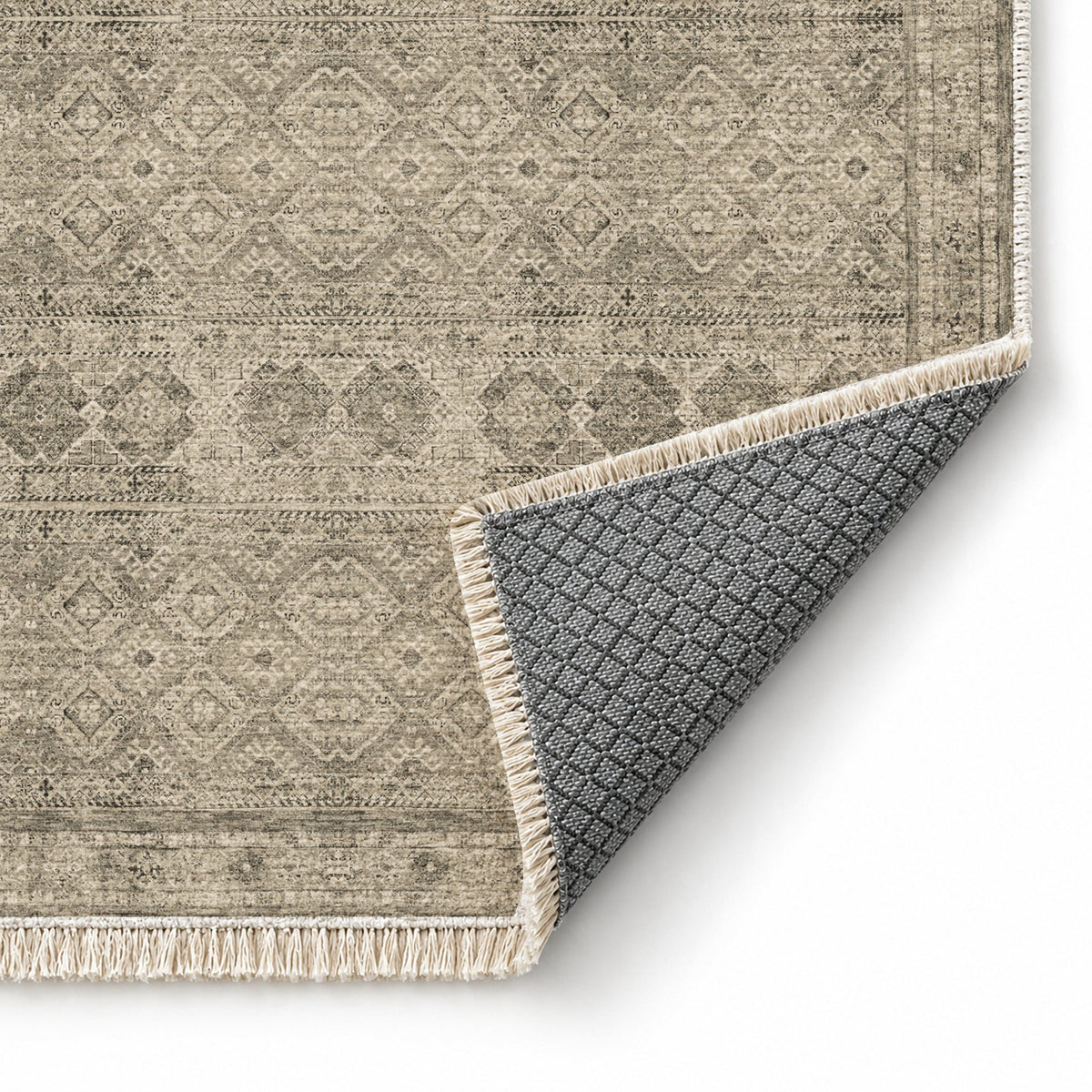 Anatolian Tonal Limestone & Ivory washable rug folded corner showing the backing