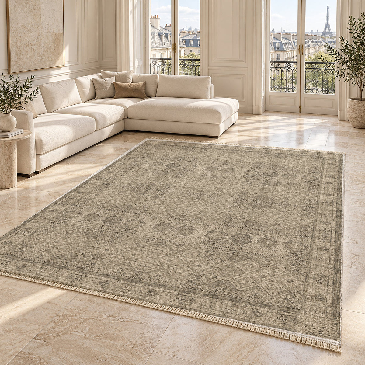 Anatolian Tonal Limestone & Ivory washable rug angled room view on marble