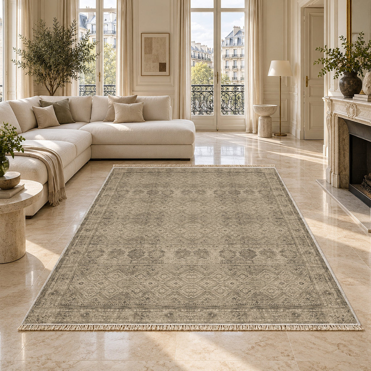Anatolian Tonal Limestone & Ivory washable rug on a marble floor