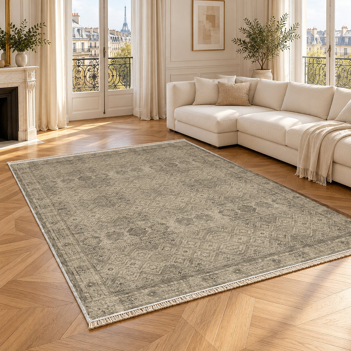 Anatolian Tonal Limestone & Ivory washable rug angled room view