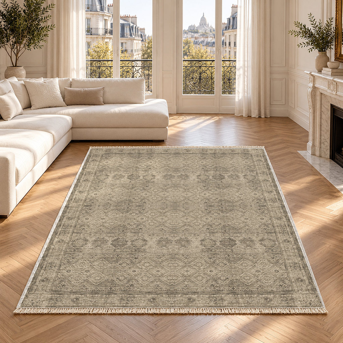Anatolian Tonal Limestone & Ivory washable rug in a Paris living room