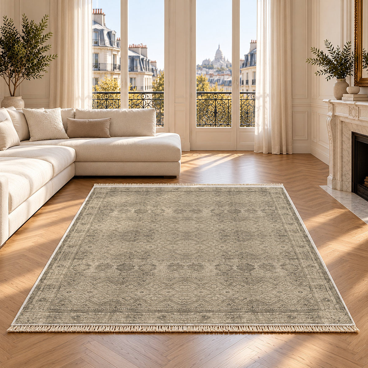 Anatolian Tonal Limestone & Ivory washable rug on an oak floor