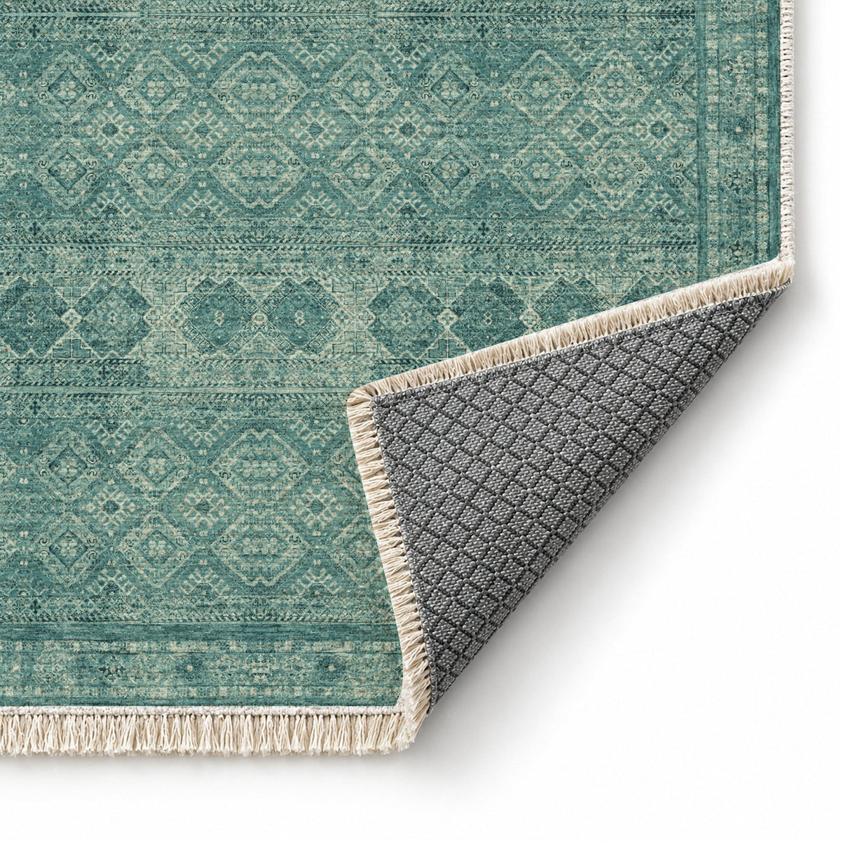 Anatolian Tonal Petrol & Sand washable rug folded corner showing the backing