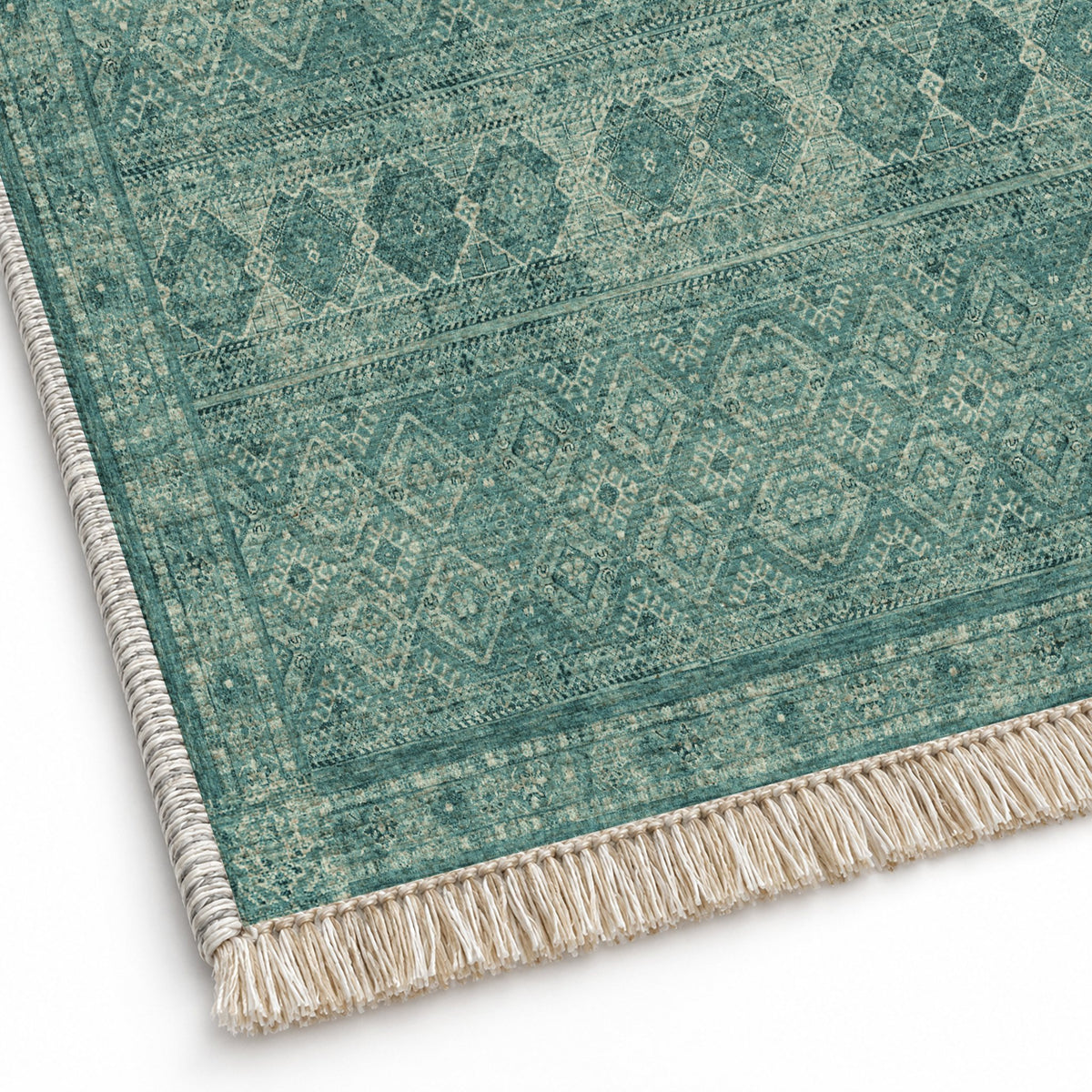 Anatolian Tonal Petrol & Sand washable rug close-up of the printed chenille