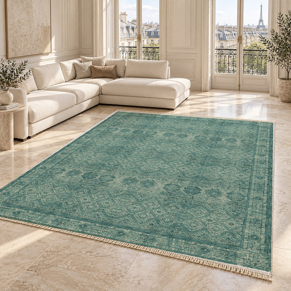 Anatolian Tonal Petrol & Sand washable rug angled room view on marble