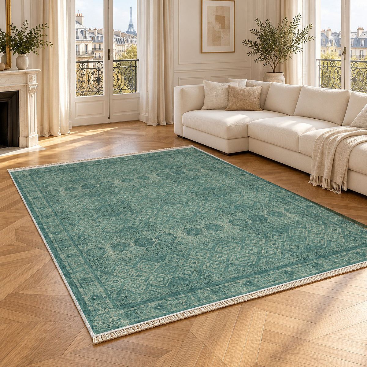 Anatolian Tonal Petrol & Sand washable rug angled room view