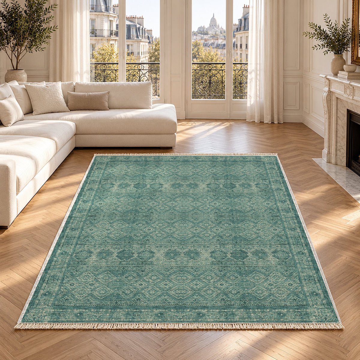 Anatolian Tonal Petrol & Sand washable rug in a Paris living room